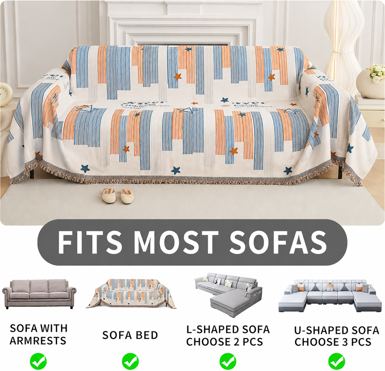 Non-Slip Boho Geometric Tassels Reversible Sofa Couch Cover