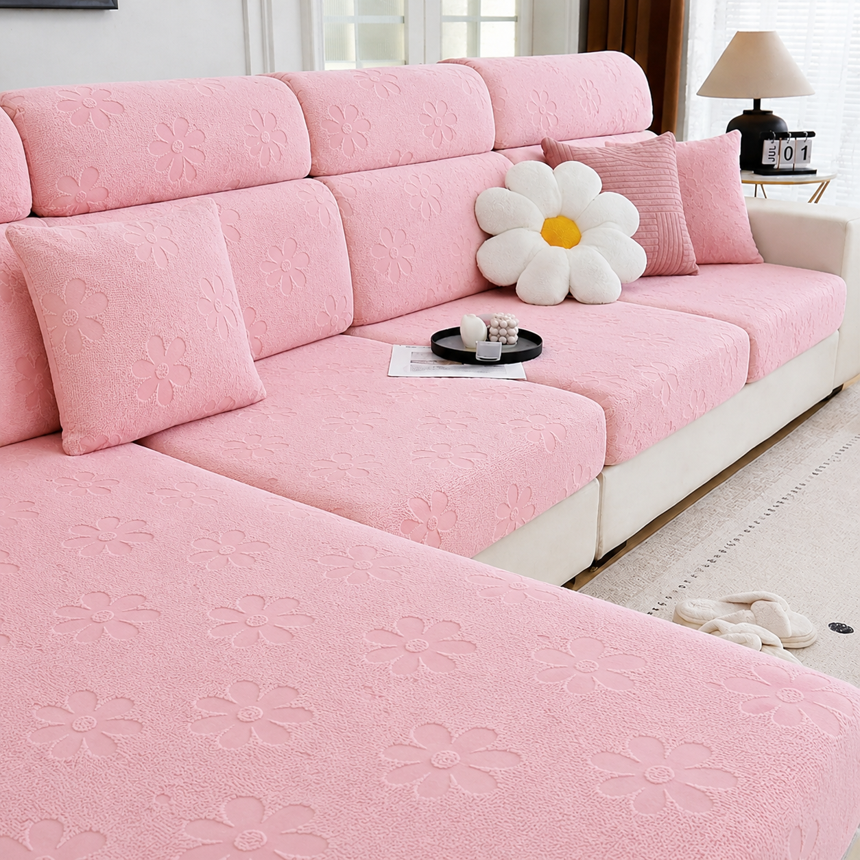 Anti Slip Daisy Floral L Shaped Sectional Cushion Sofa Couch Cover