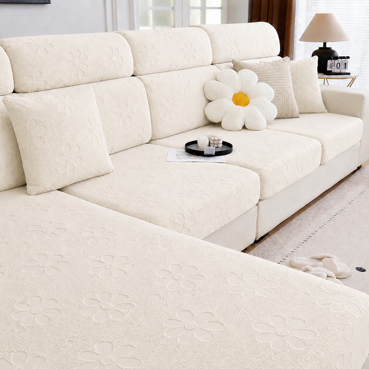 Anti Slip Daisy Floral L Shaped Sectional Cushion Sofa Couch Cover