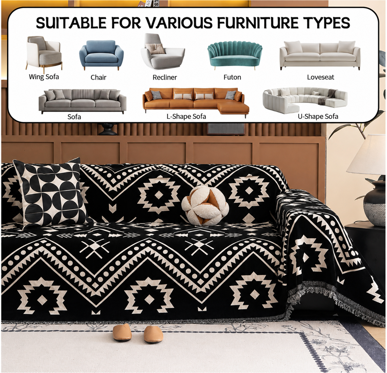 Non-Slip Chenille Boho Geometric Tassels Sofa Couch Cover