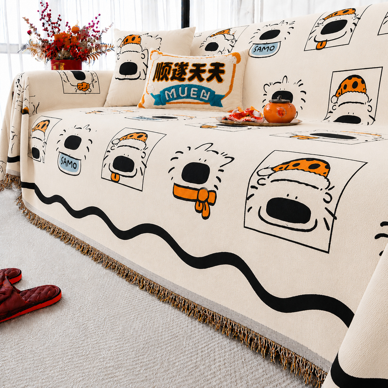 Non-Slip Elegant Chenille Boho Geometric Tassels Sofa Couch Cover
