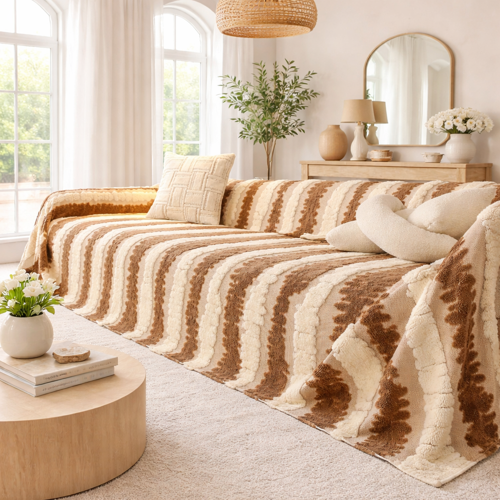 Elegant Fleece Fuzzy Plush Striped Sofa Couch Cover