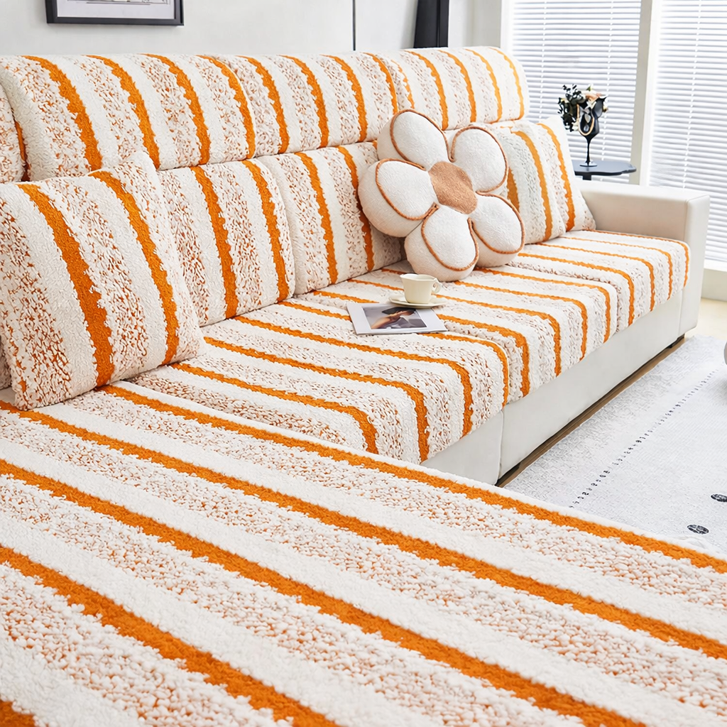 L Shaped Sectional Striped Plush Cushion Sofa Couch Cover