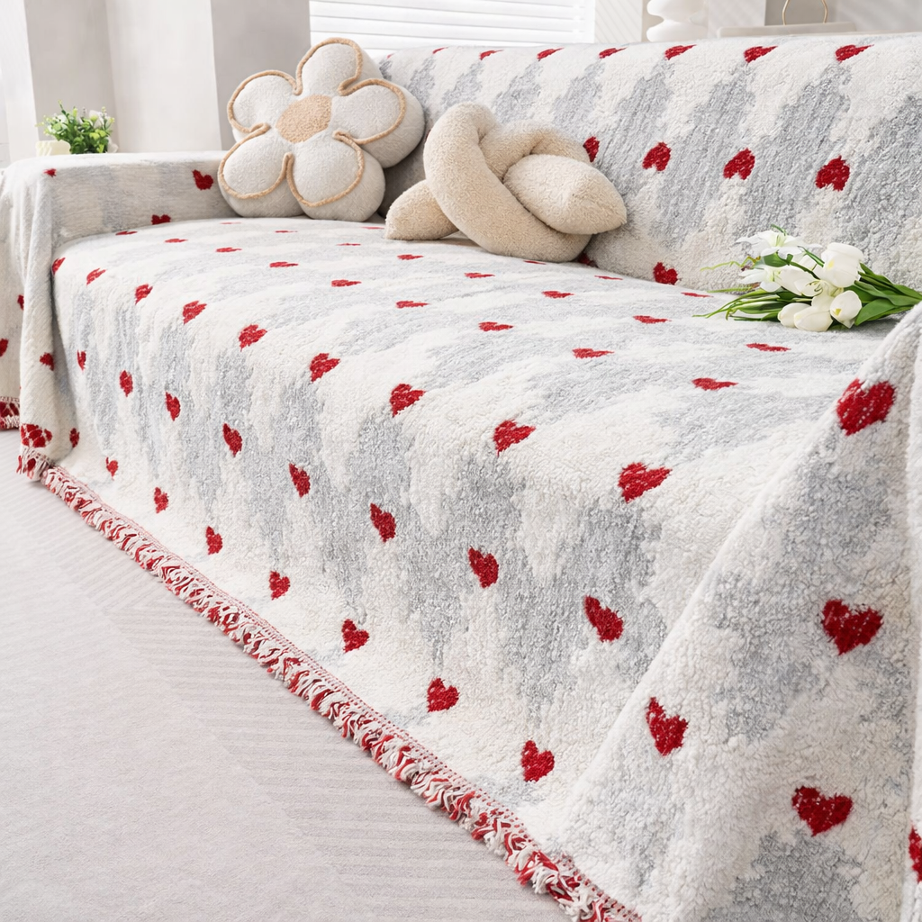 Fuzzy Plush Heart Anti-Slip Sofa Couch Cover