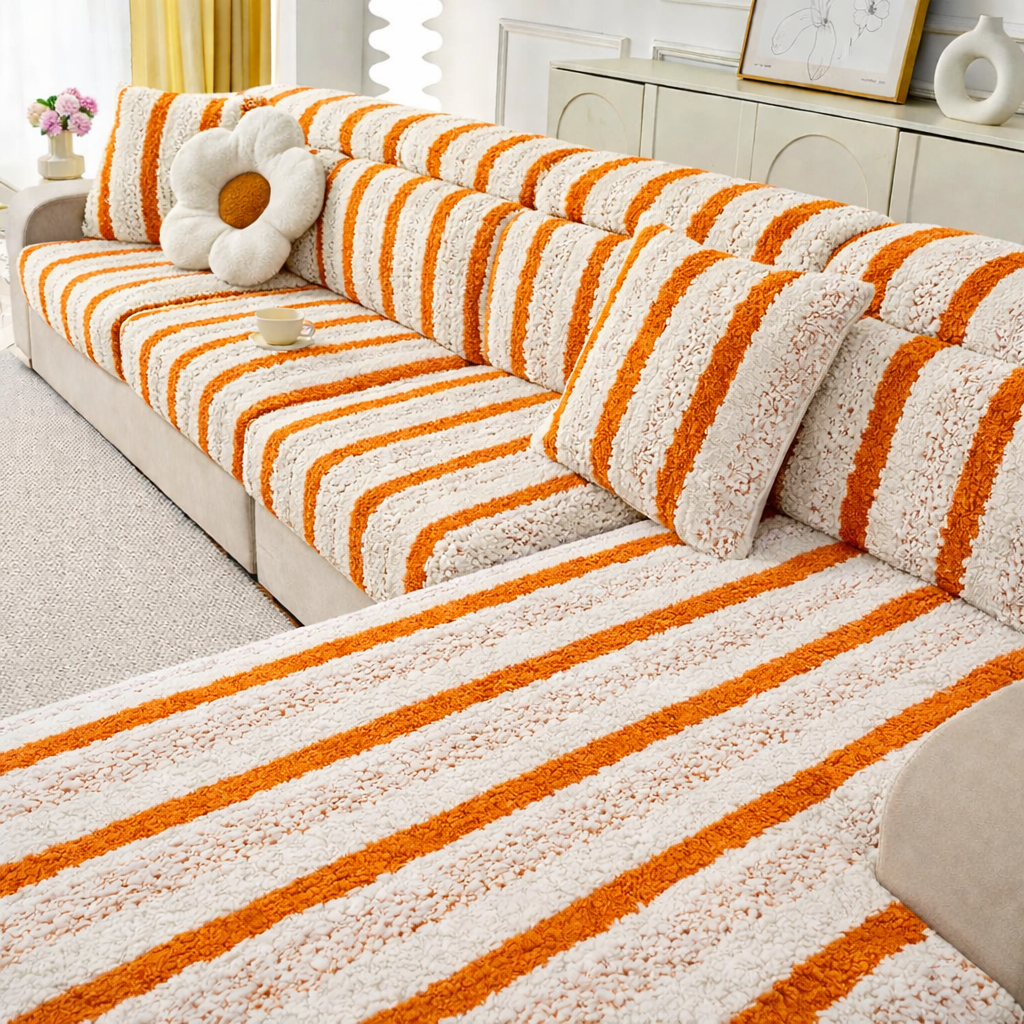 L Shaped Sectional Striped Plush Cushion Sofa Couch Cover