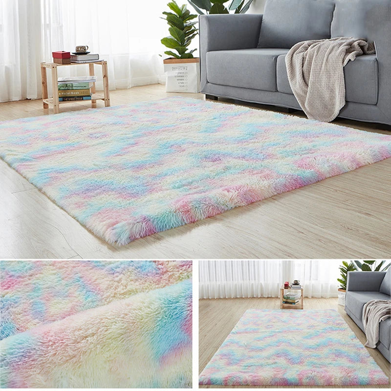 Rainbow Shag Area Rug Fluffy Tie-Dye Carpet