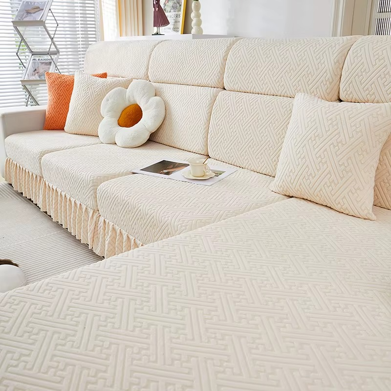 Jacquard Geometric Anti-Slip L Shaped Skirted Cushion Sofa Couch Cover
