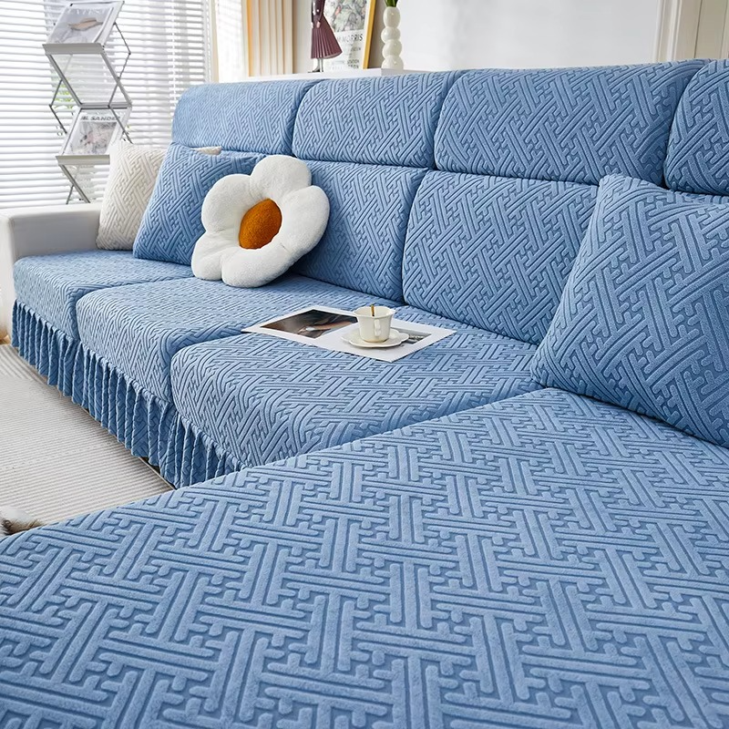 Jacquard Geometric Anti-Slip L Shaped Skirted Cushion Sofa Couch Cover