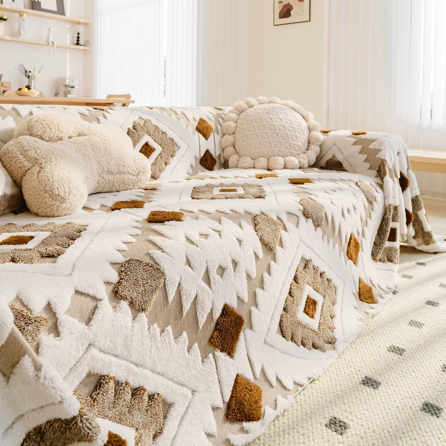 Non Slip Boho Fuzzy Geometric Sofa Couch Cover