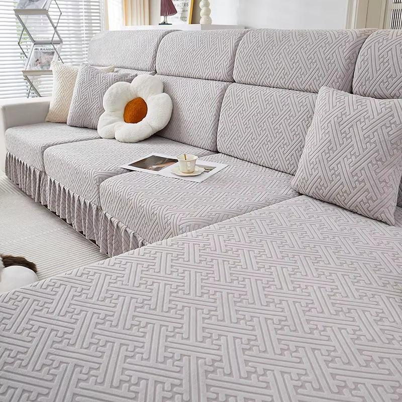 Jacquard Geometric Anti-Slip L Shaped Skirted Cushion Sofa Couch Cover