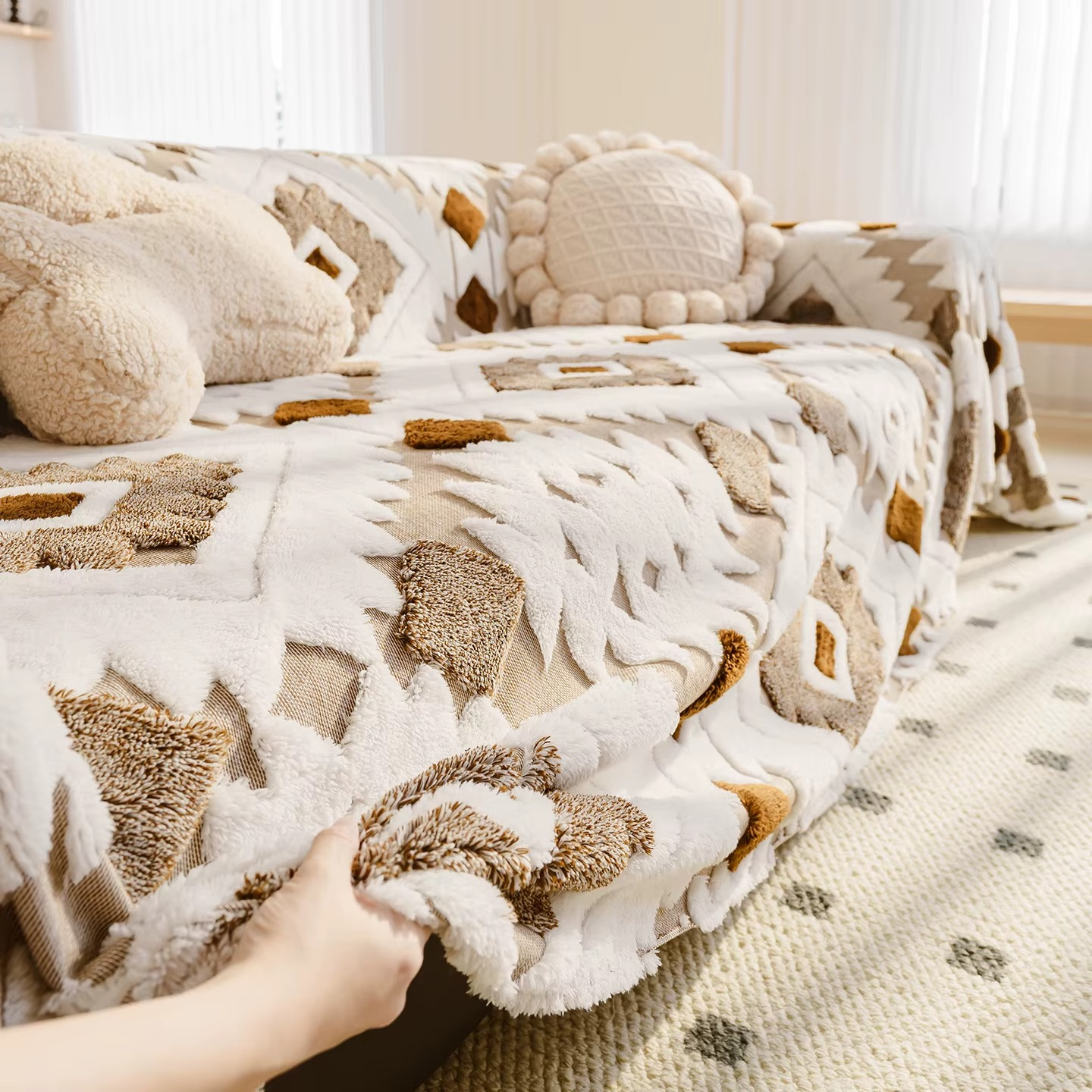 Non Slip Boho Fuzzy Geometric Sofa Couch Cover