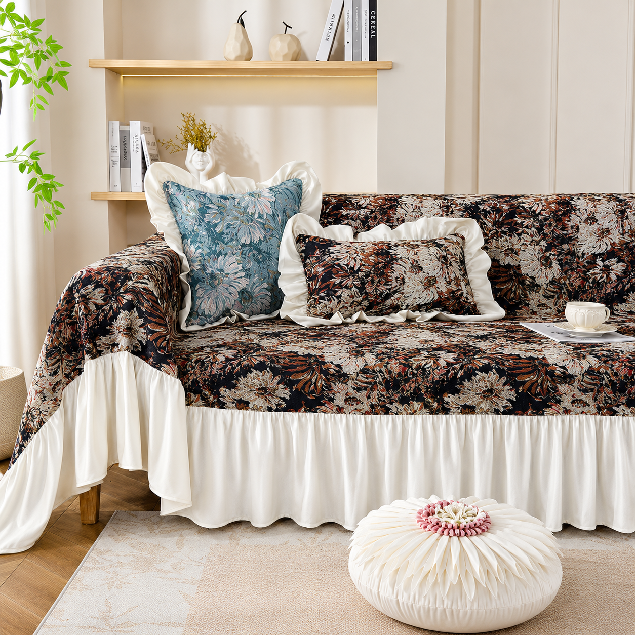 Non-Slip Elegant Floral Skirt Tassels Sofa Couch Cover
