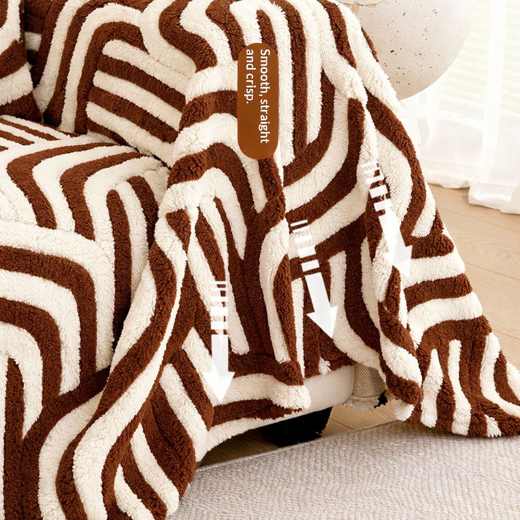 Classic Fuzzy Striped Curved Plush Sofa Couch Cover