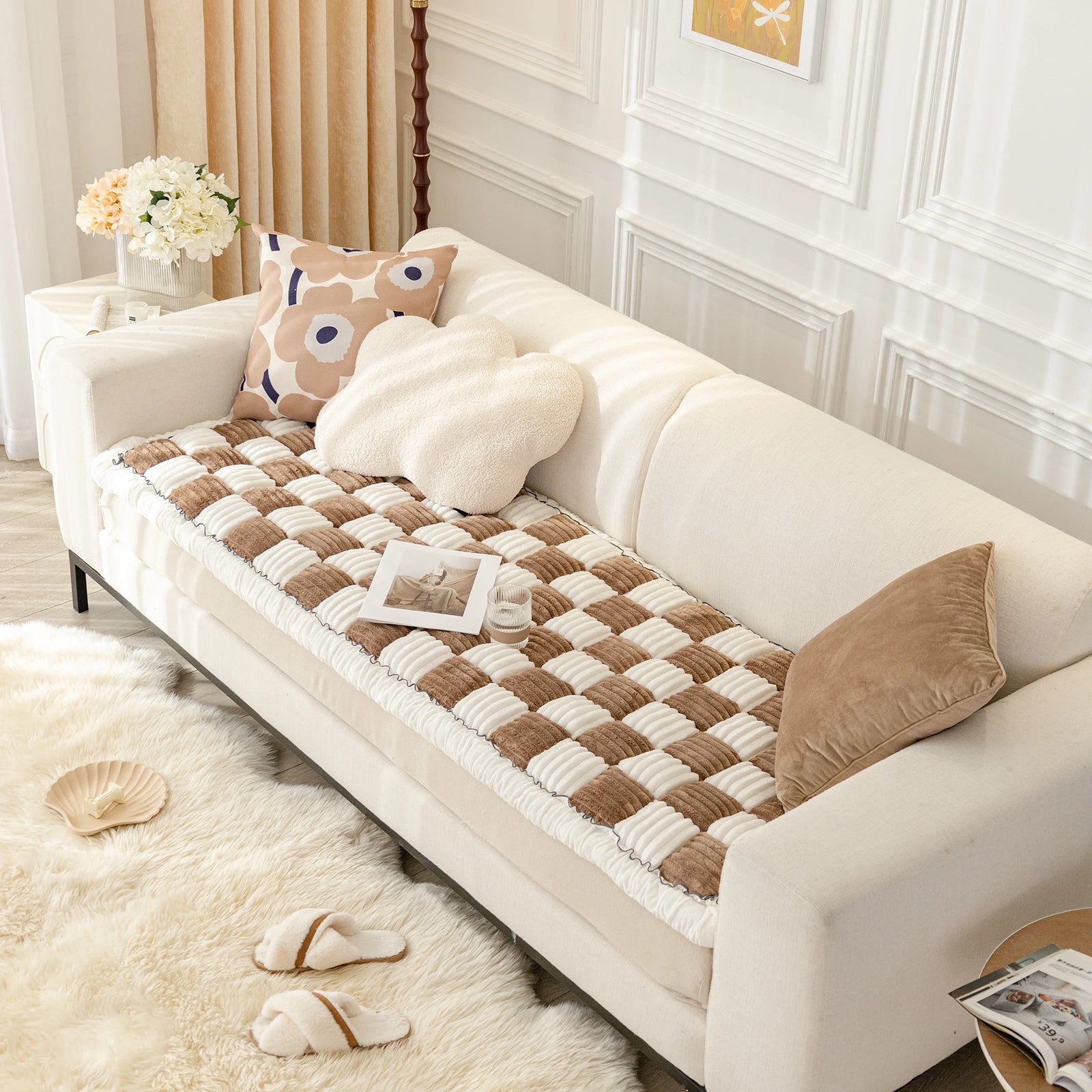 Non Slip Plaid Fuzzy Pet Dog Mat Bed Couch Cover