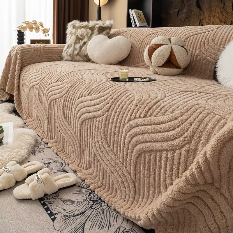 Classic Fuzzy Curved Striped Plush Sofa Couch Cover