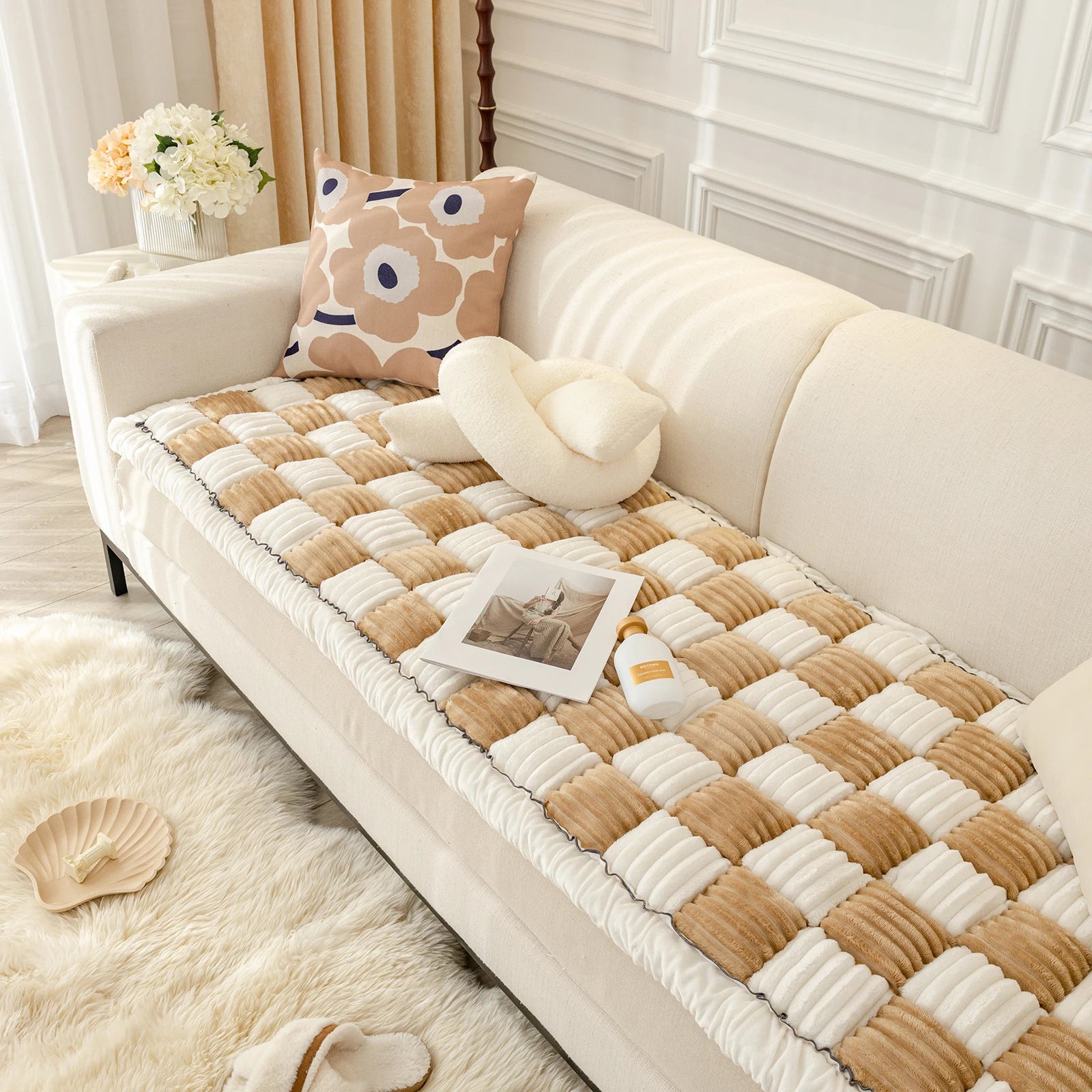 Non Slip Plaid Fuzzy Pet Dog Mat Bed Couch Cover