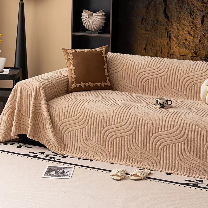 Classic Fuzzy Curved Striped Plush Sofa Couch Cover
