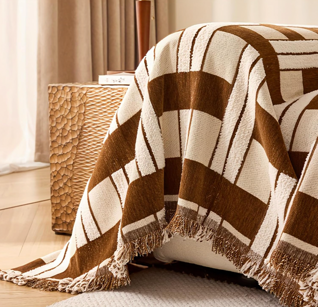 Geometric Plaid Reversible Tassels Sofa Couch Cover