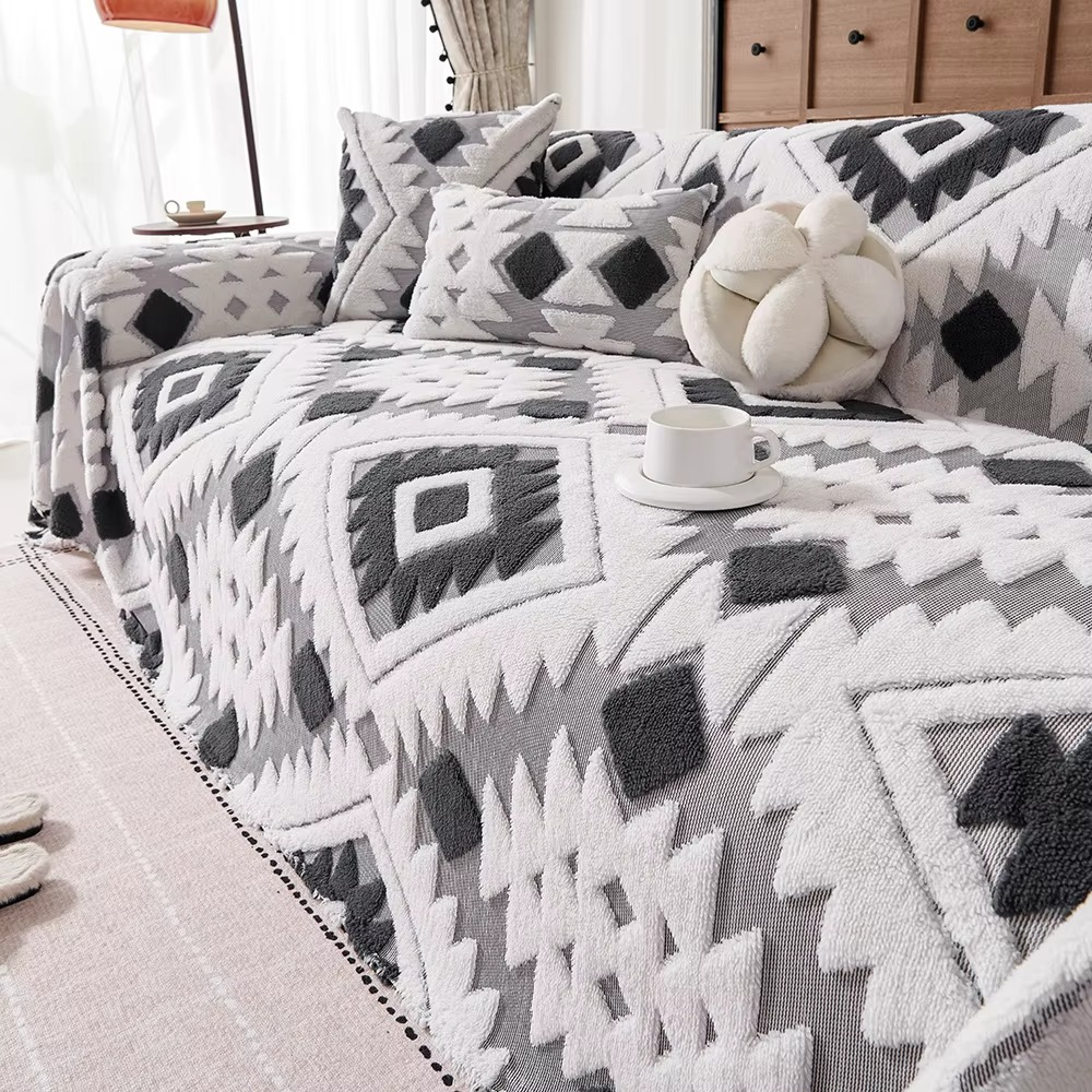 Non Slip Boho Fuzzy Geometric Sofa Couch Cover