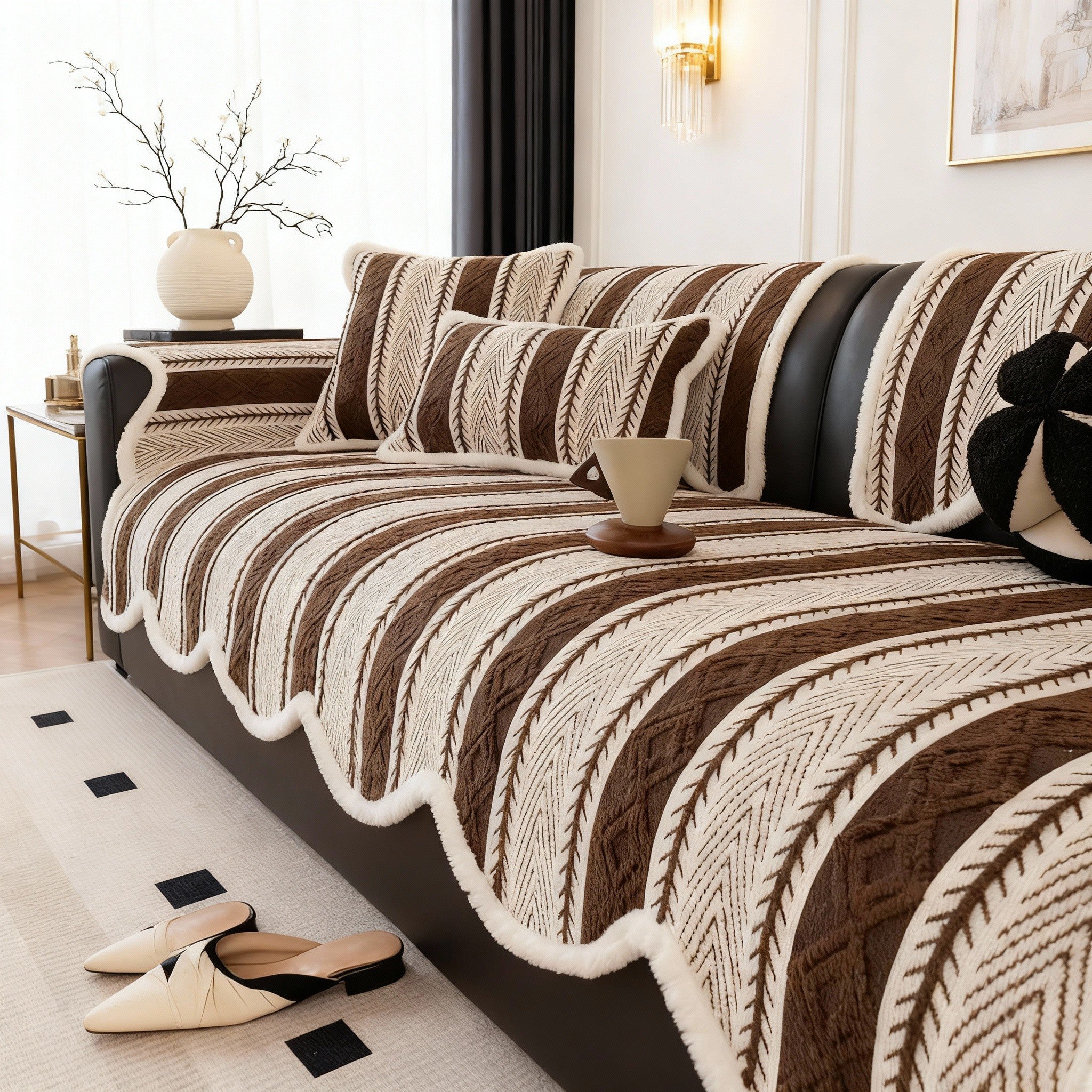 Elegant Chenille Anti Slip Stripe Sofa Couch Cover