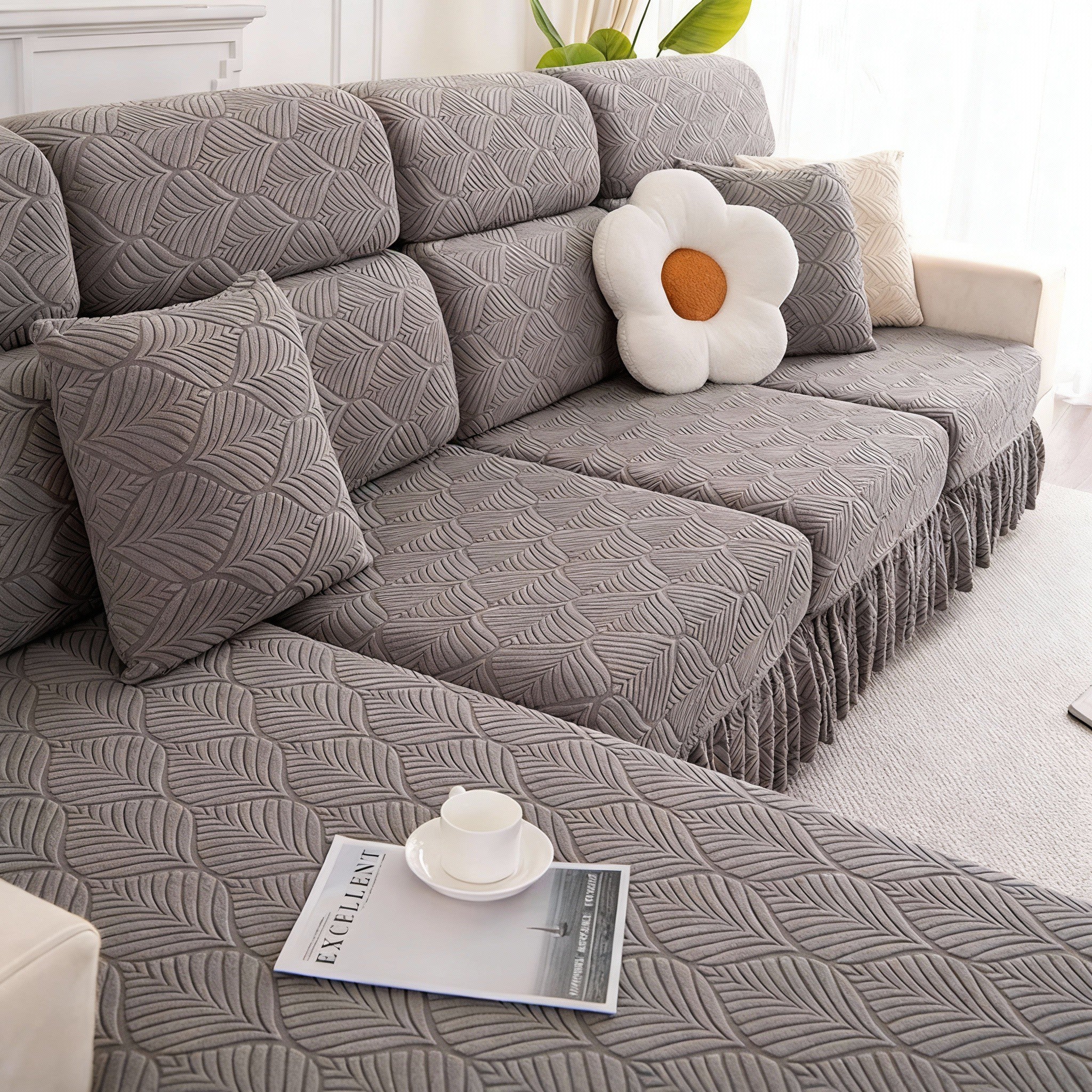 Jacquard Anti-Slip L Shaped Skirt Cushion Sofa Couch Cover