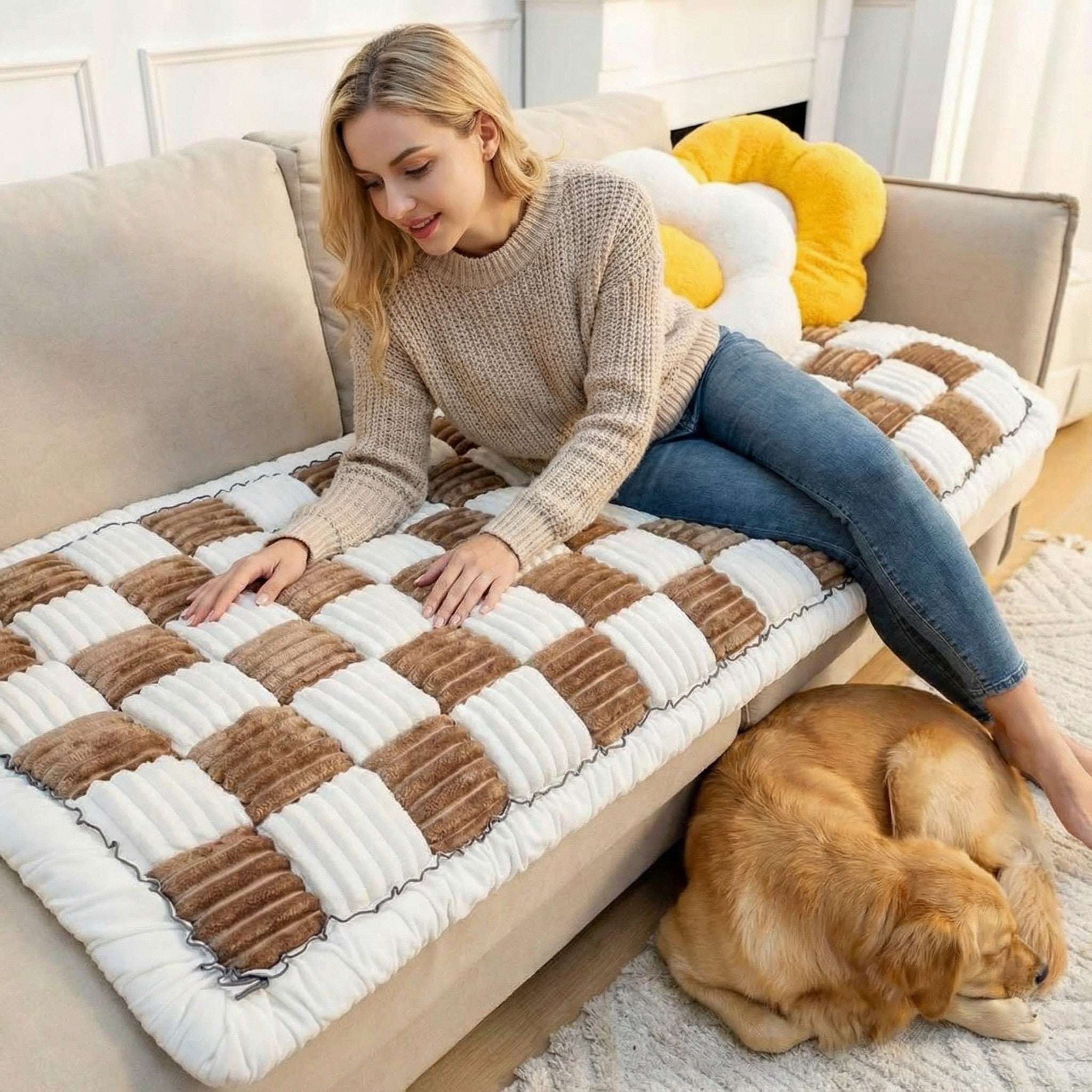 Non Slip Plaid Fuzzy Pet Dog Mat Bed Couch Cover
