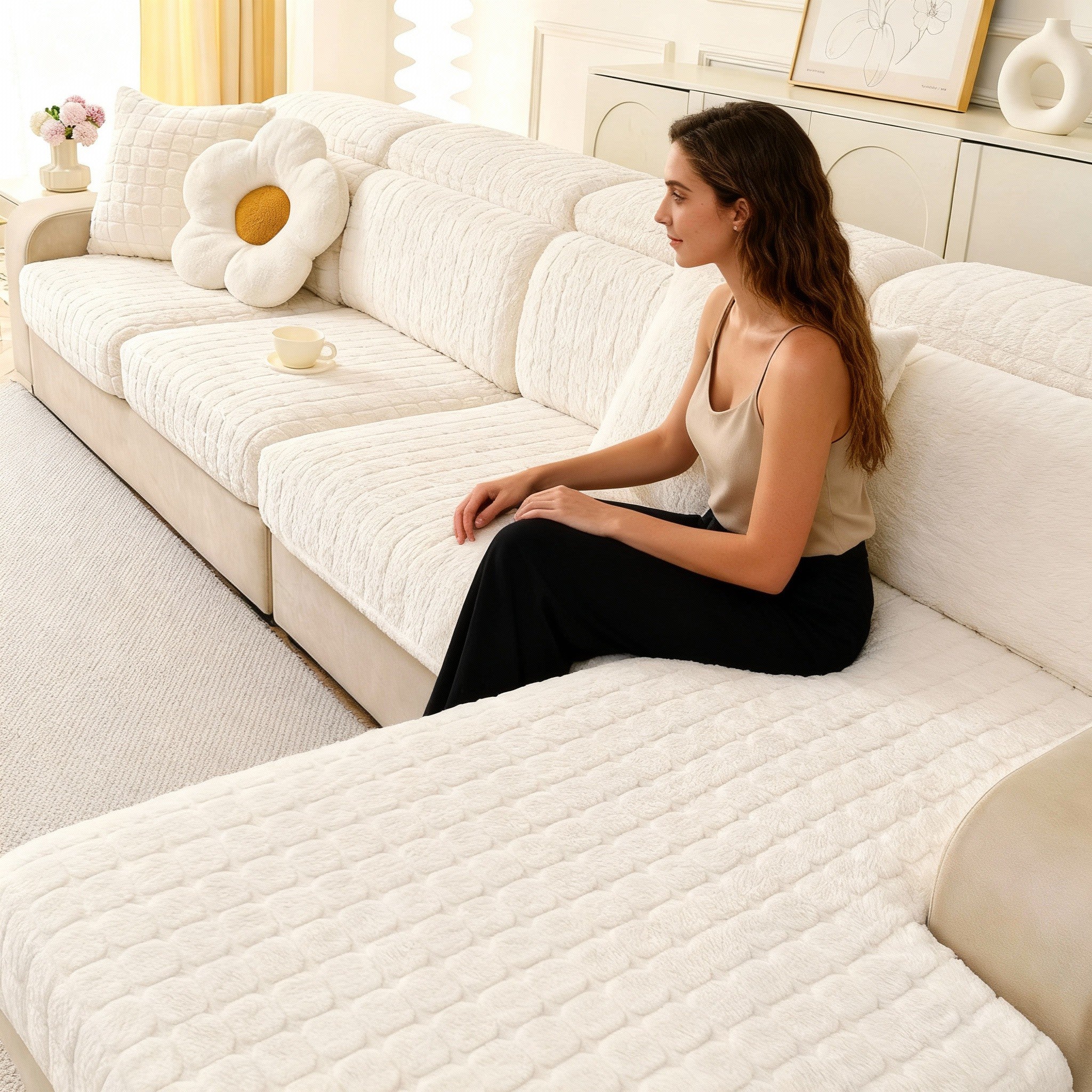 L Shaped Sectional Jacquard Fleece Cushion Sofa Couch Cover