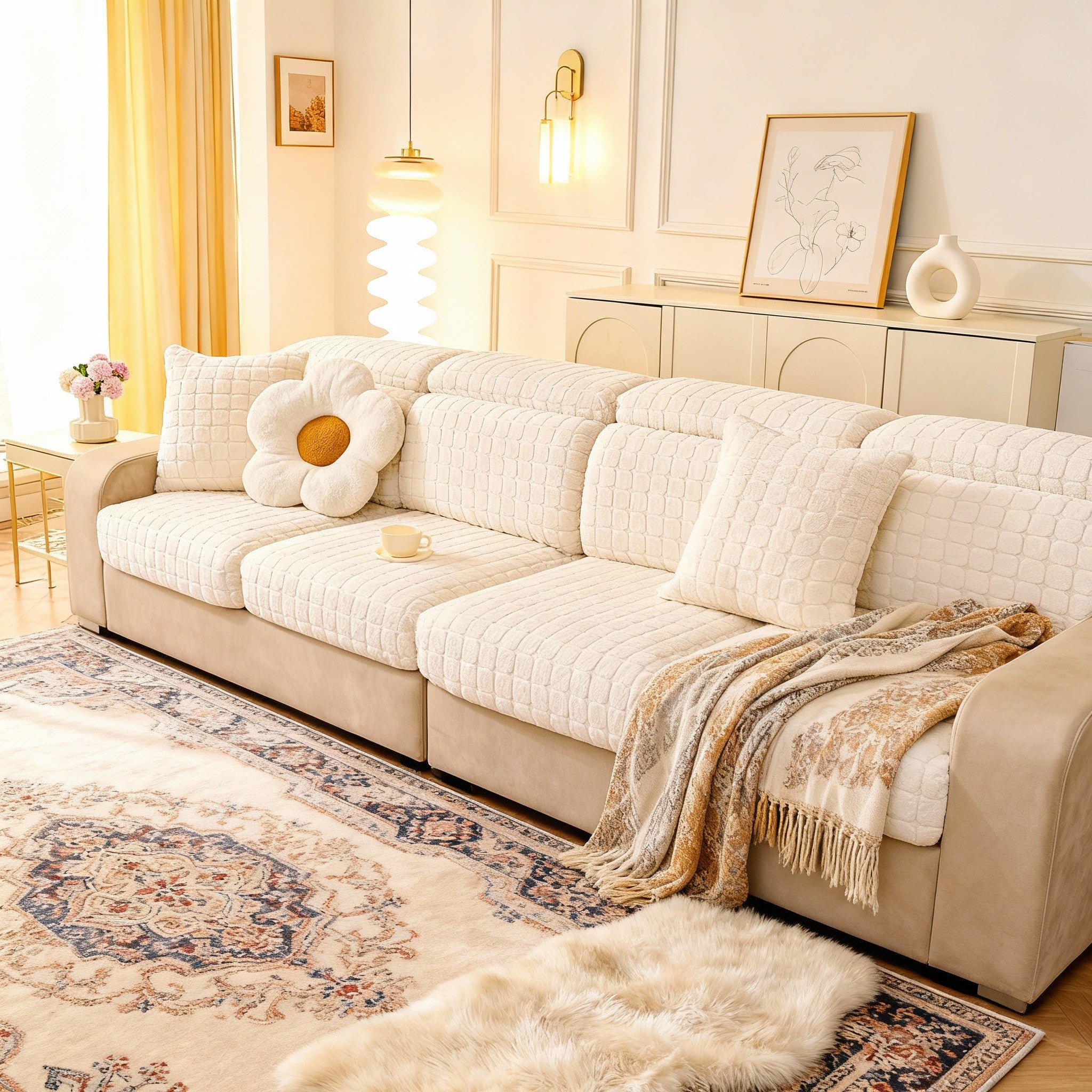 L Shaped Sectional Jacquard Fleece Cushion Sofa Couch Cover