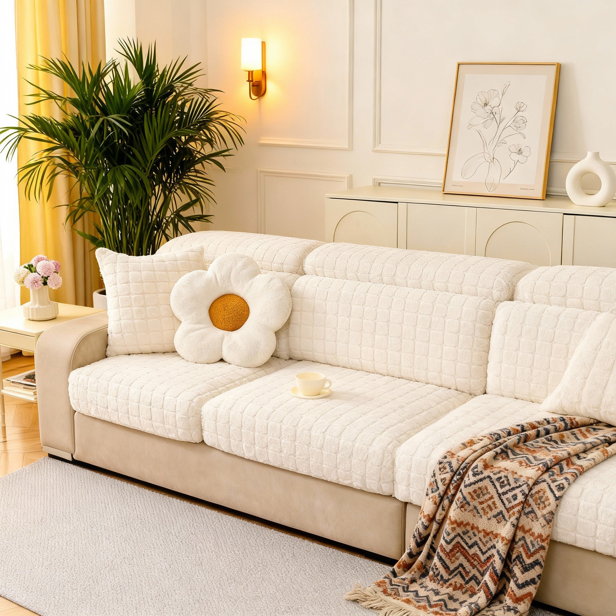 L Shaped Sectional Jacquard Fleece Cushion Sofa Couch Cover