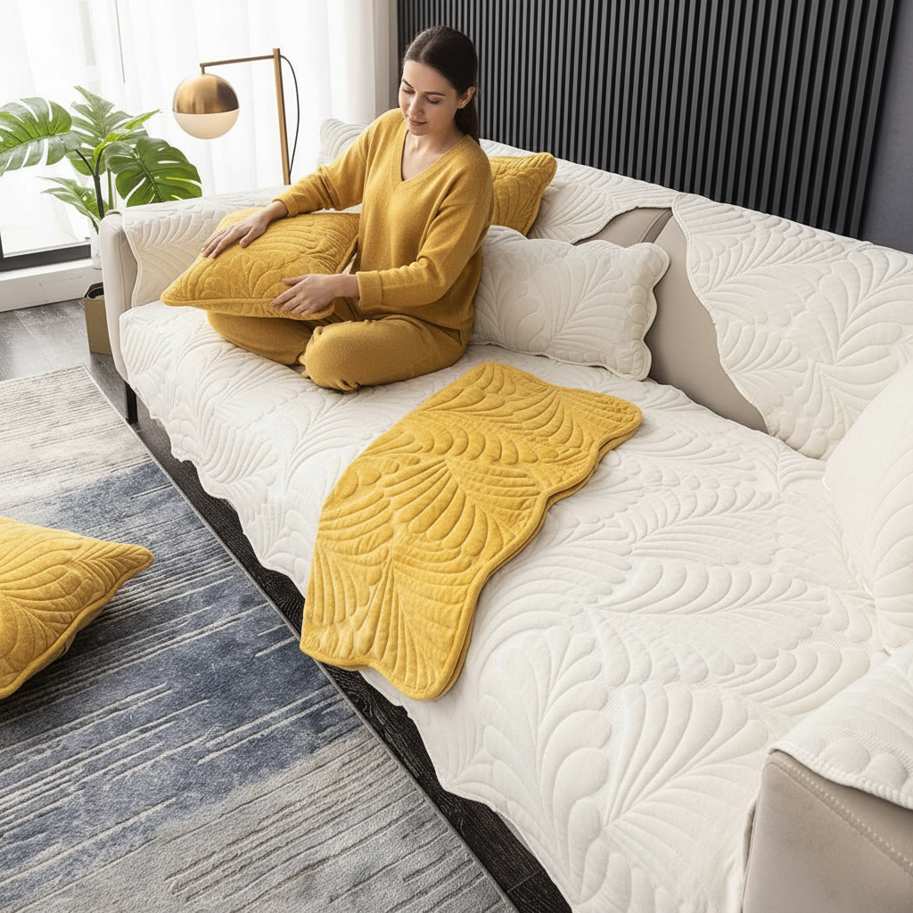 Non Slip Chenille Plush Quilted Mat Couch Sofa Cover