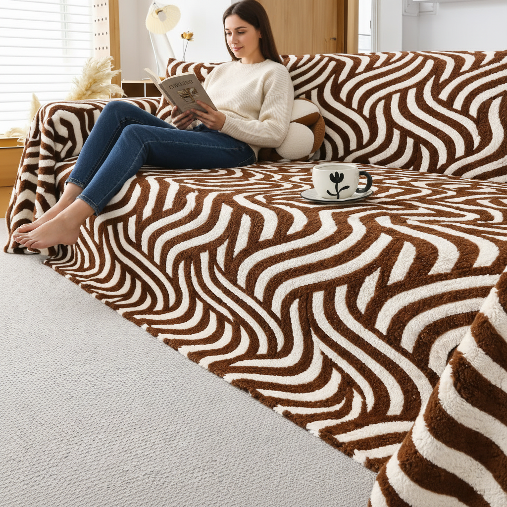 Classic Fuzzy Striped Curved Plush Sofa Couch Cover
