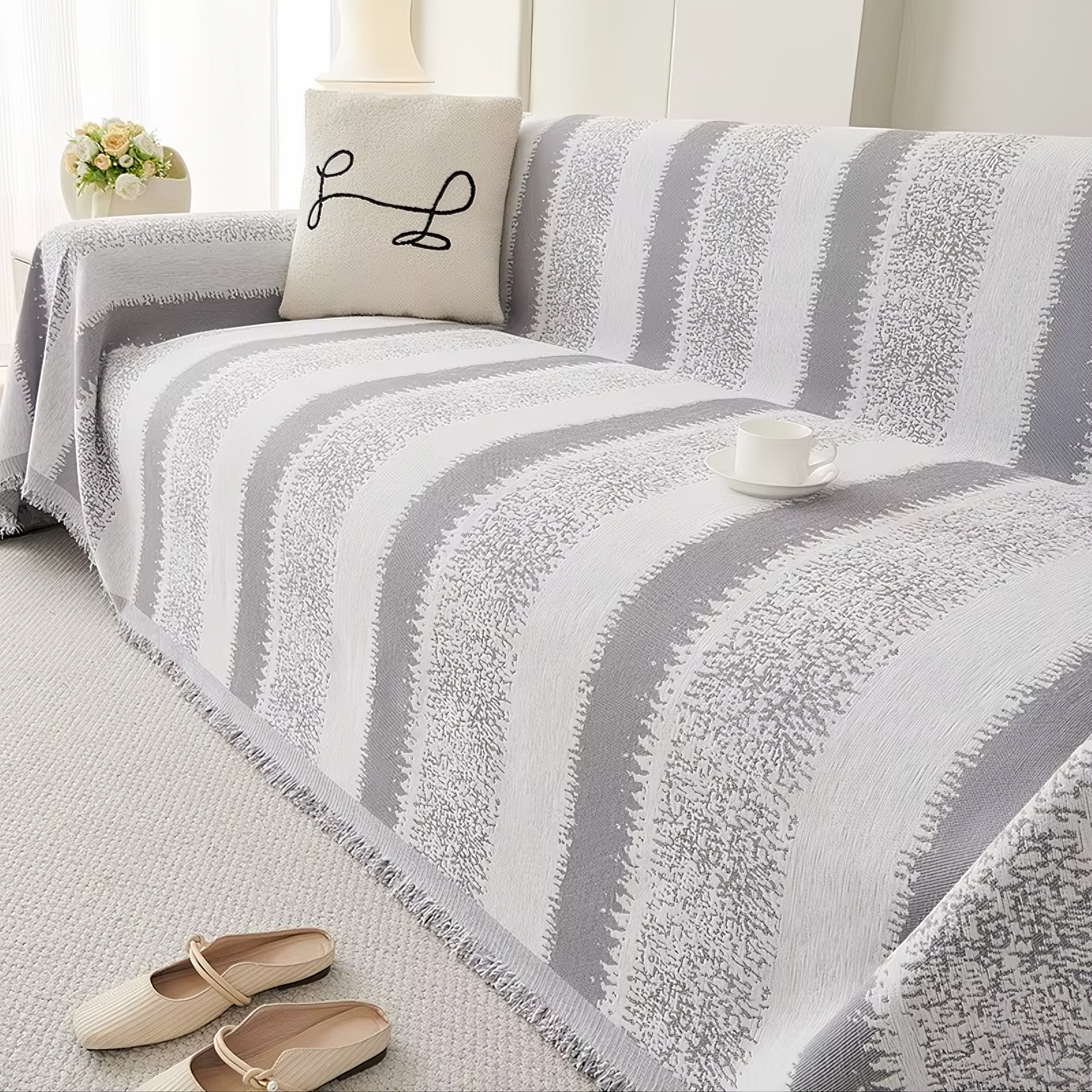 Non Slip Chenille Striped Tassels Sofa Couch Cover