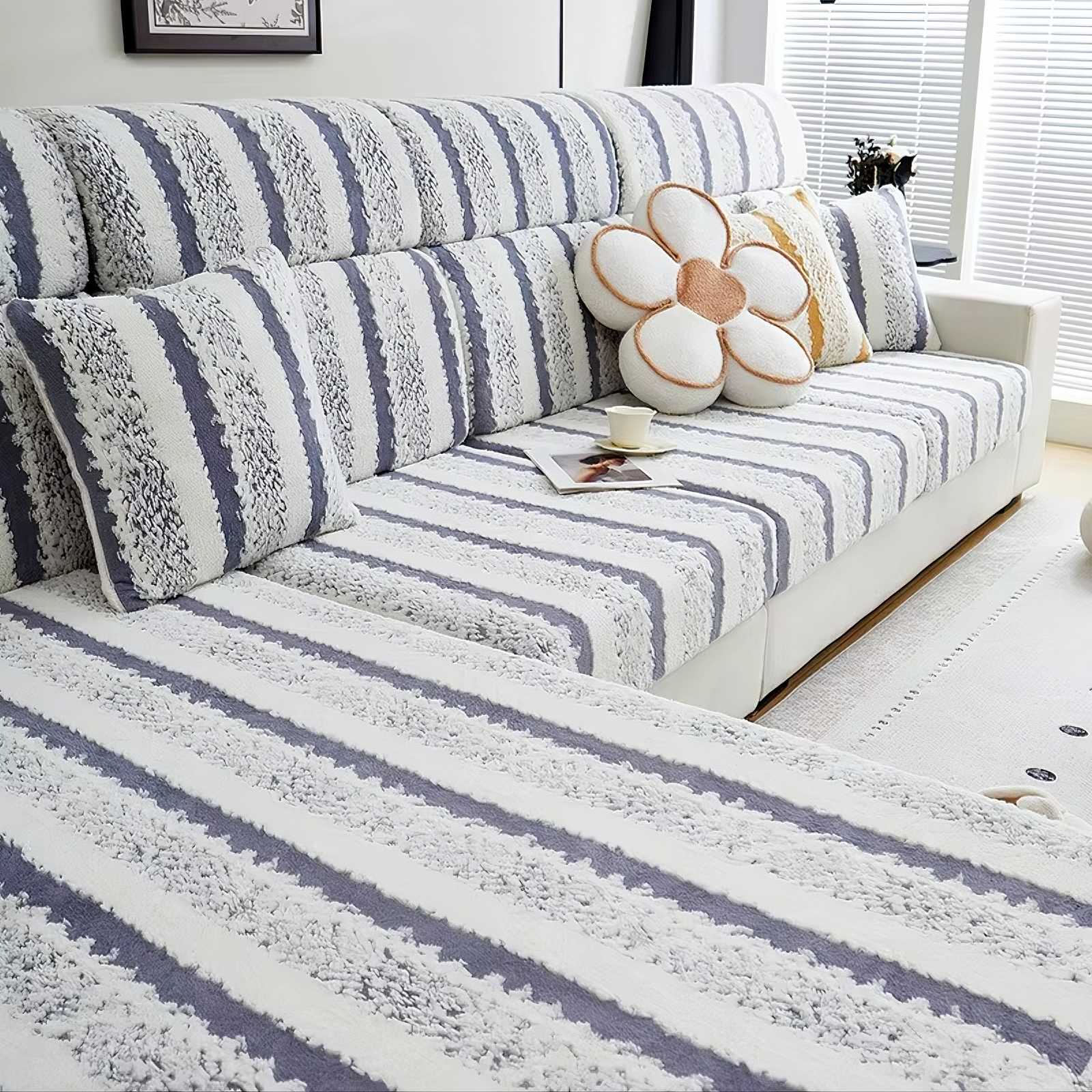 L Shaped Sectional Striped Plush Cushion Sofa Couch Cover