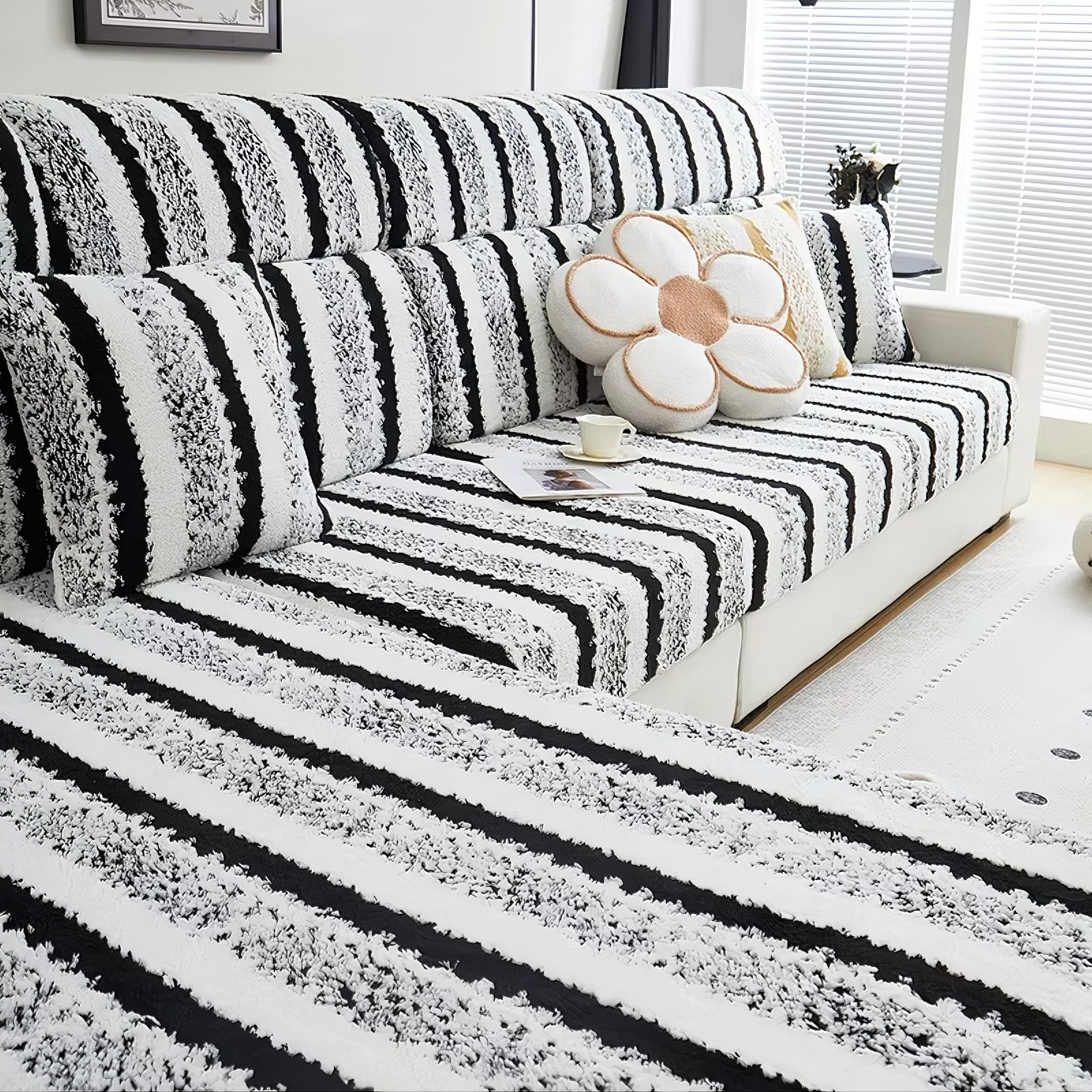 L Shaped Sectional Striped Plush Cushion Sofa Couch Cover