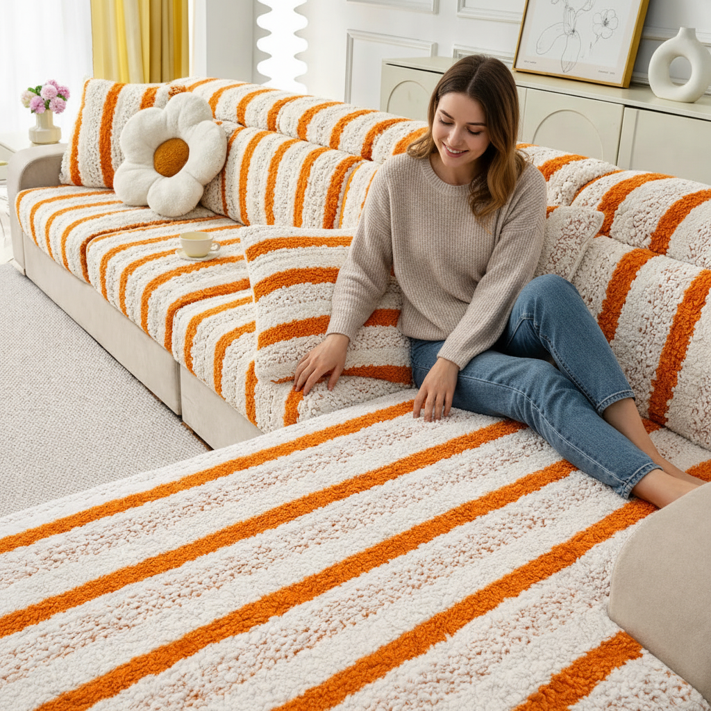 L Shaped Sectional Striped Plush Cushion Sofa Couch Cover