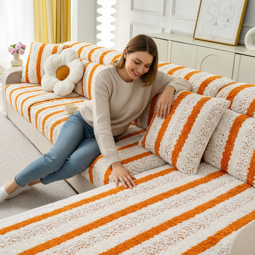 L Shaped Sectional Striped Plush Cushion Sofa Couch Cover