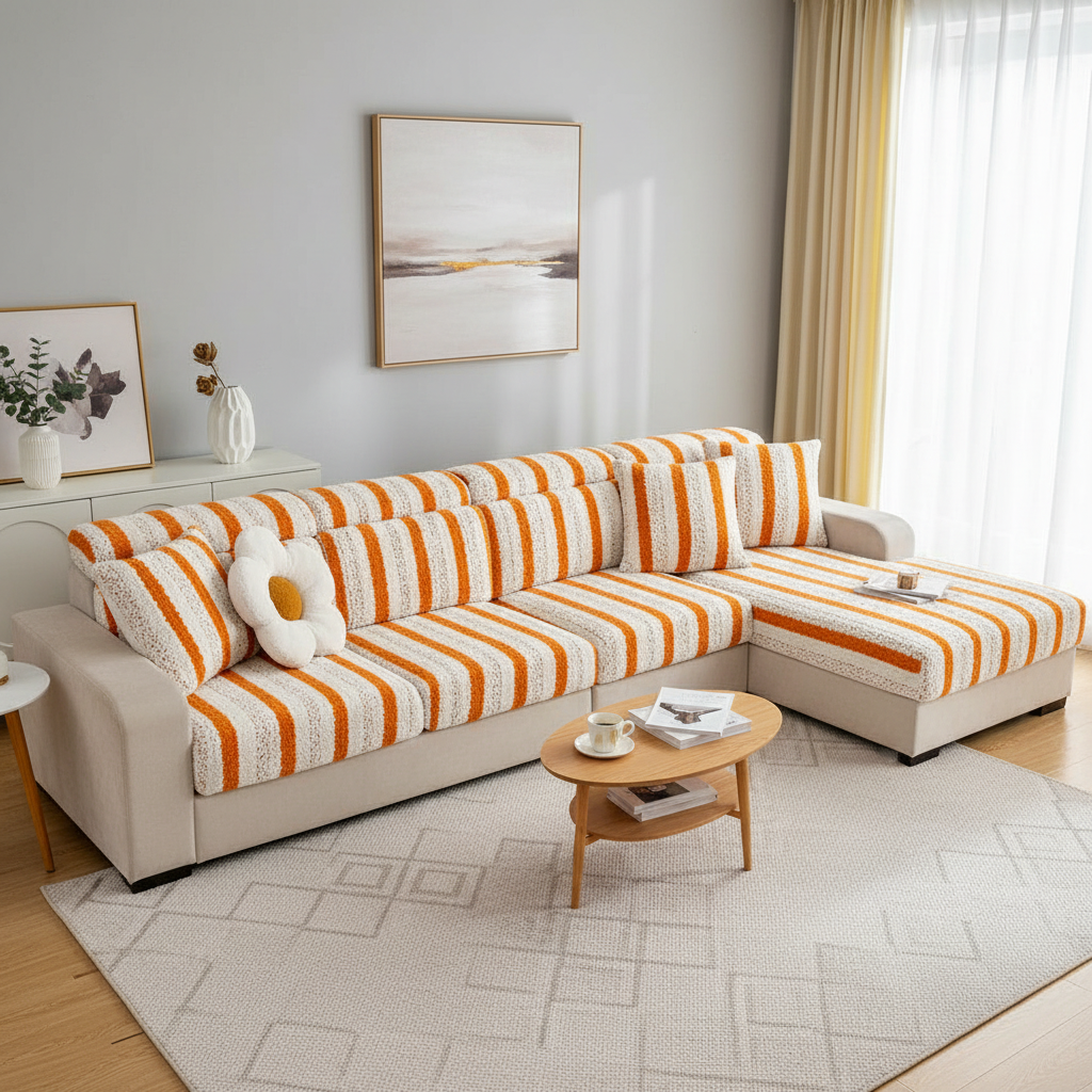 L Shaped Sectional Striped Plush Cushion Sofa Couch Cover