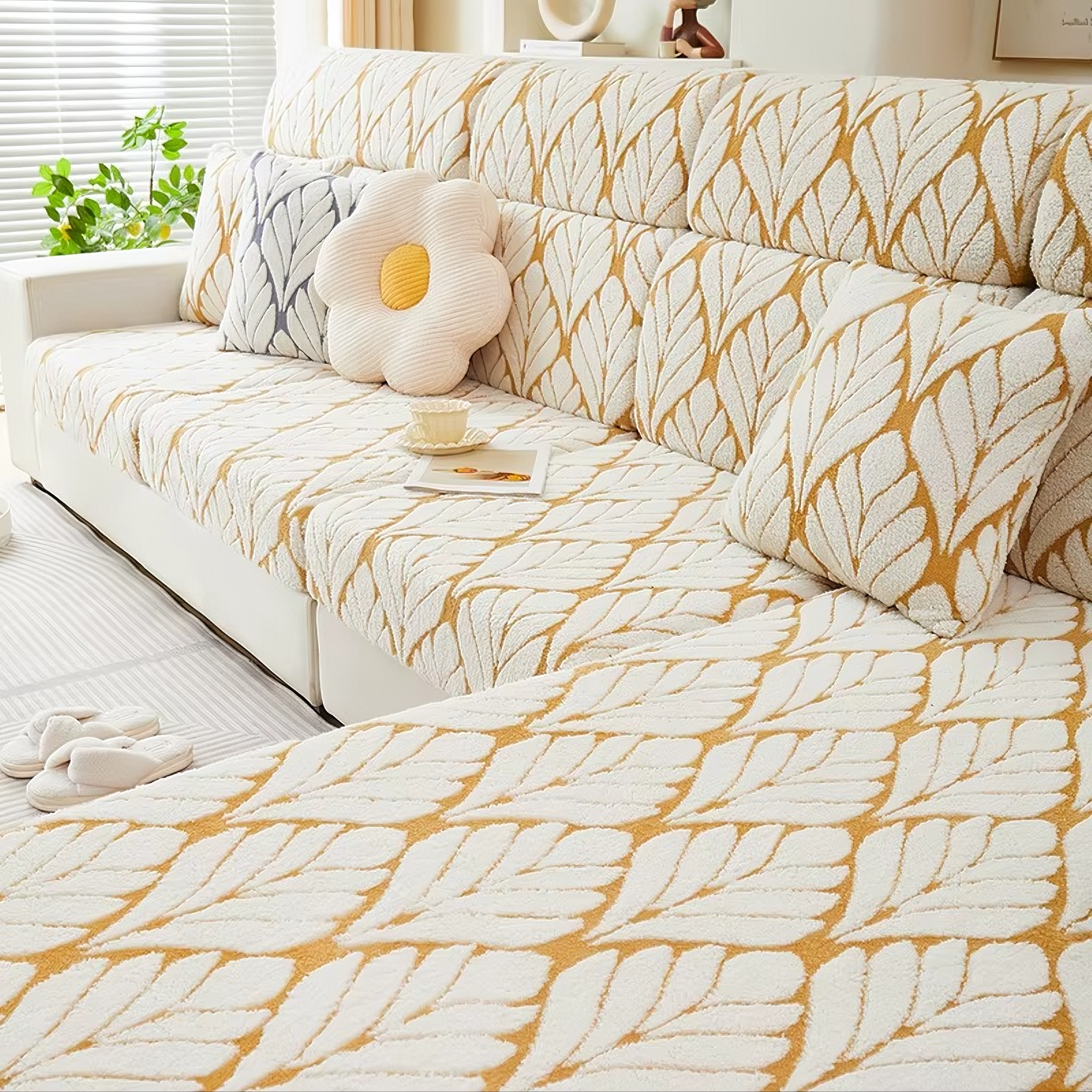 L Shaped Sectional Leaf Plush Cushion Sofa Couch Cover
