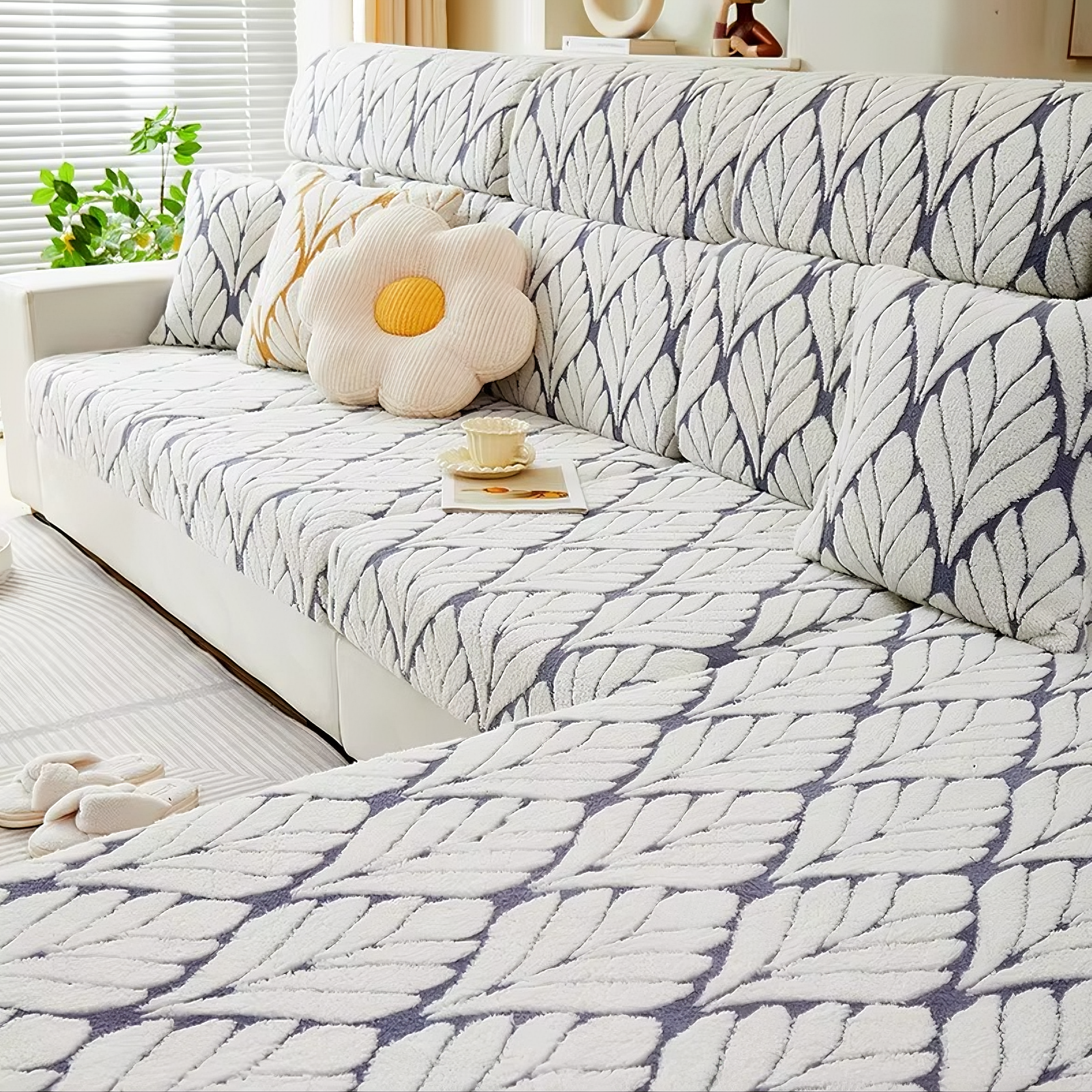 L Shaped Sectional Leaf Plush Cushion Sofa Couch Cover