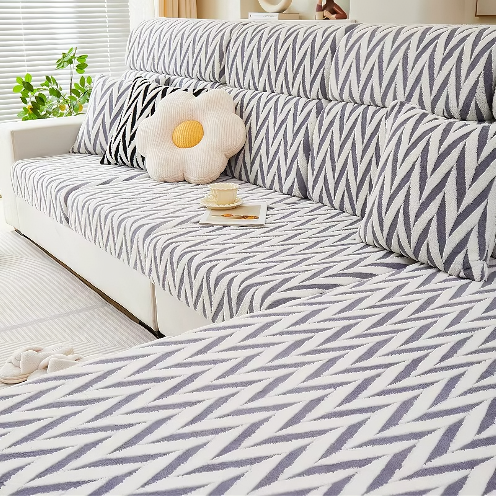L Shaped Sectional Geometric Plush Cushion Sofa Couch Cover