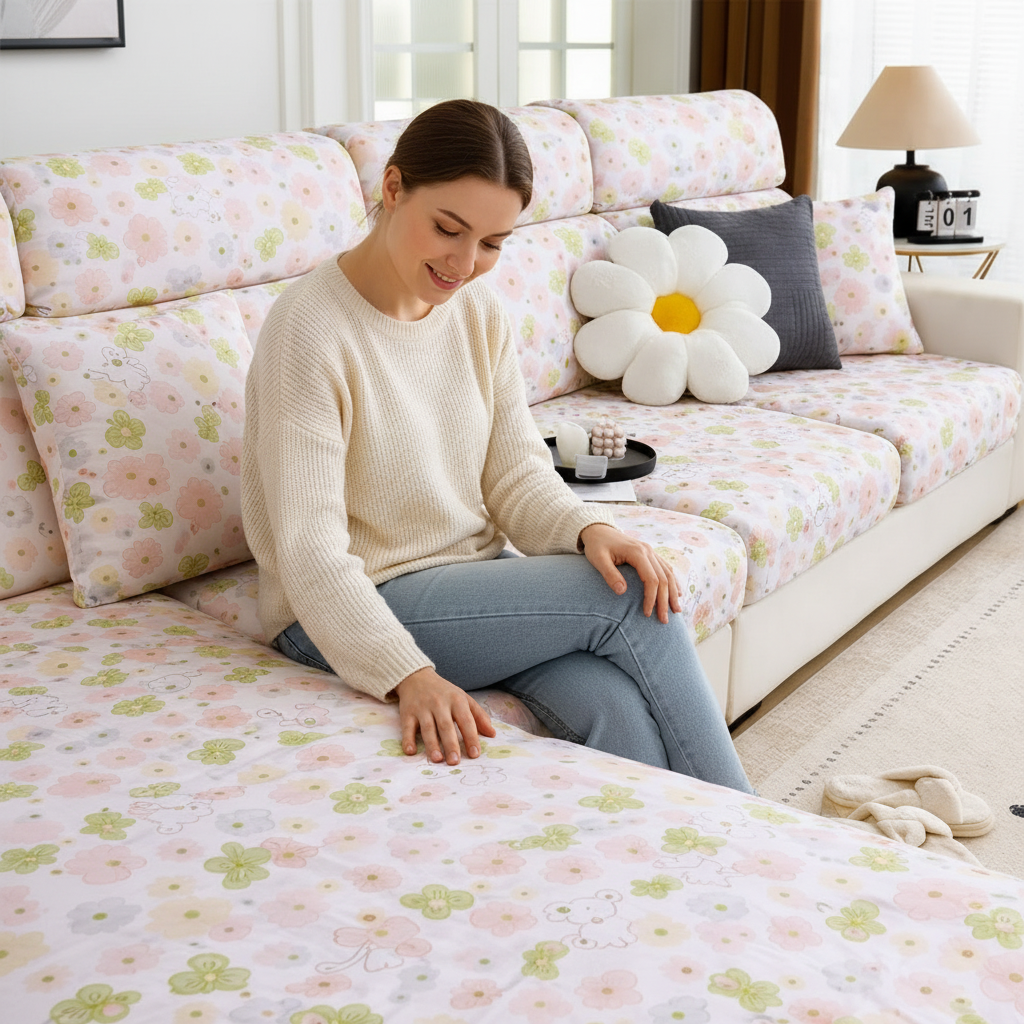 Floral Anti-Slip L Shaped Cushion Sofa Couch Cover