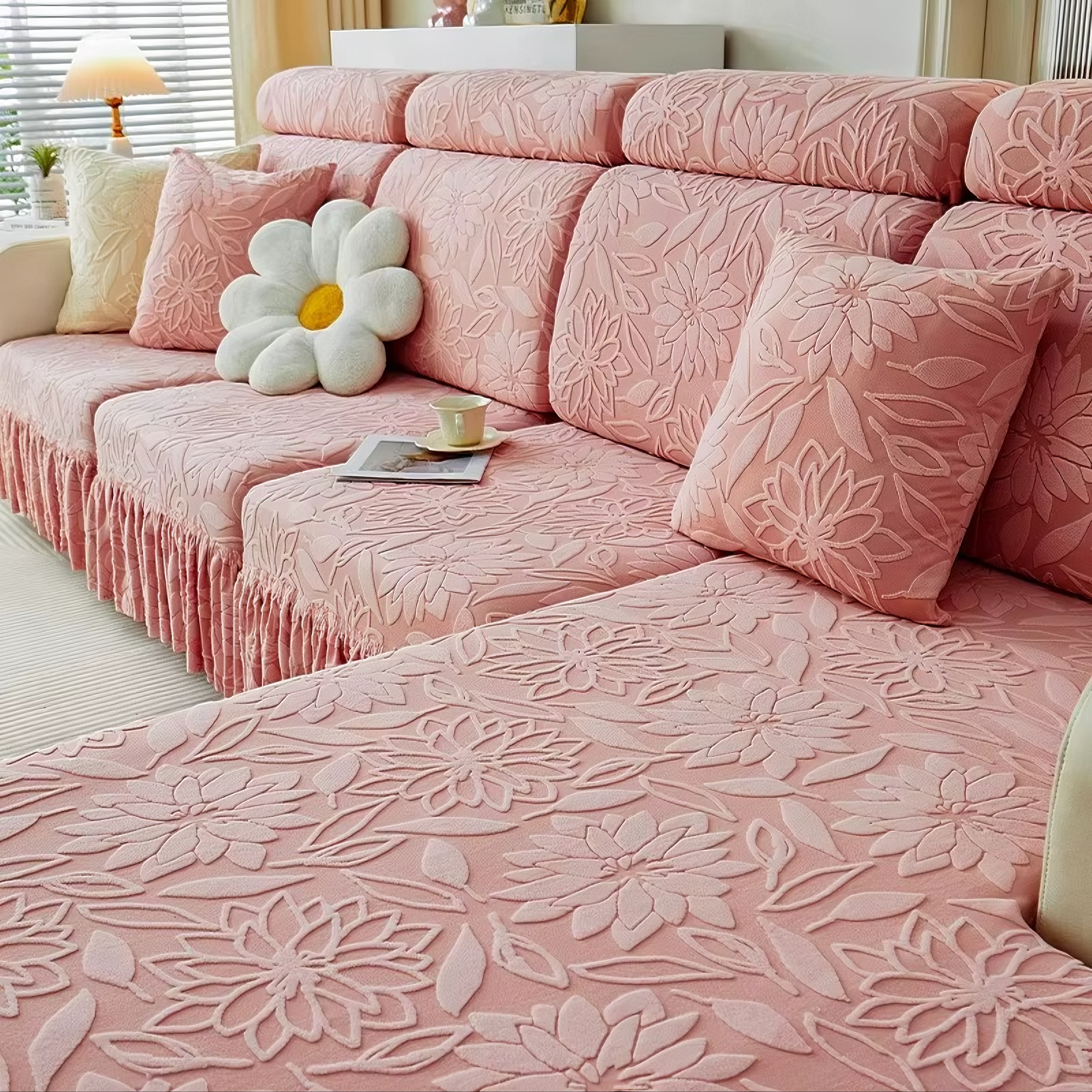 Boho Floral Cushion Skirted L Shaped Slipcover Sofa Couch Cover