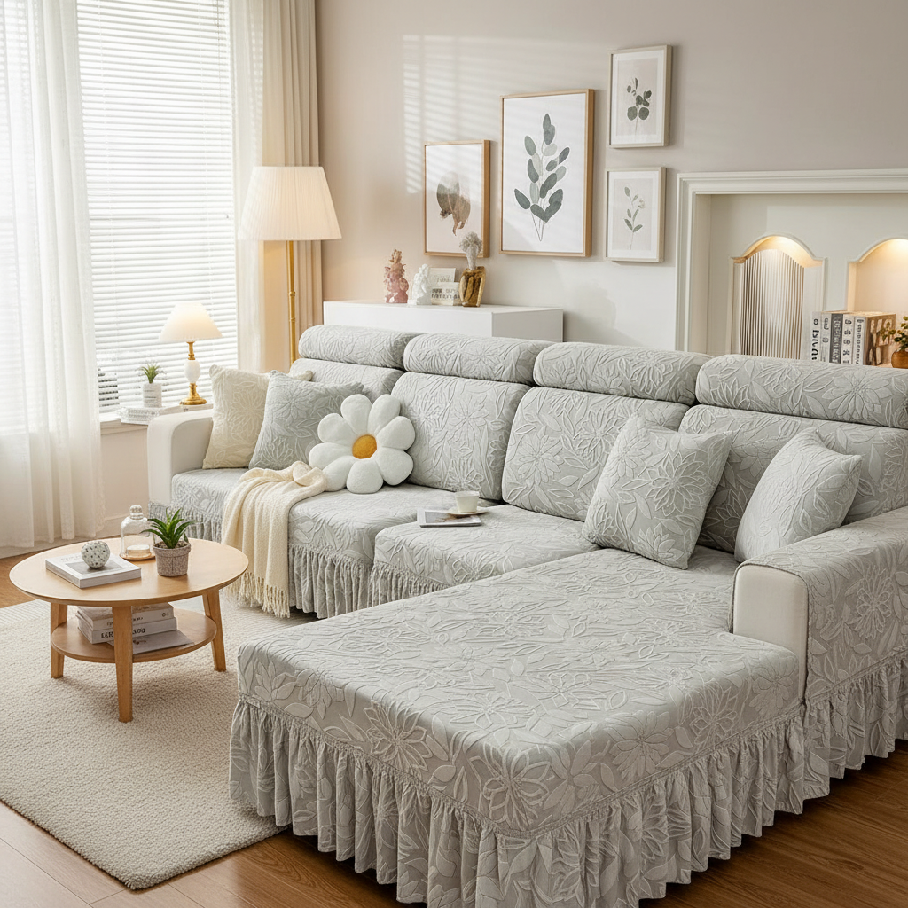 Boho Floral Cushion Skirted L Shaped Slipcover Sofa Couch Cover