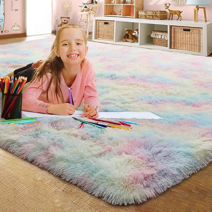 Rainbow Shag Area Rug Fluffy Tie-Dye Carpet