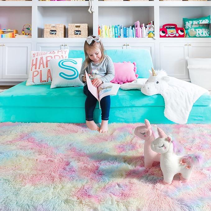 Rainbow Shag Area Rug Fluffy Tie-Dye Carpet