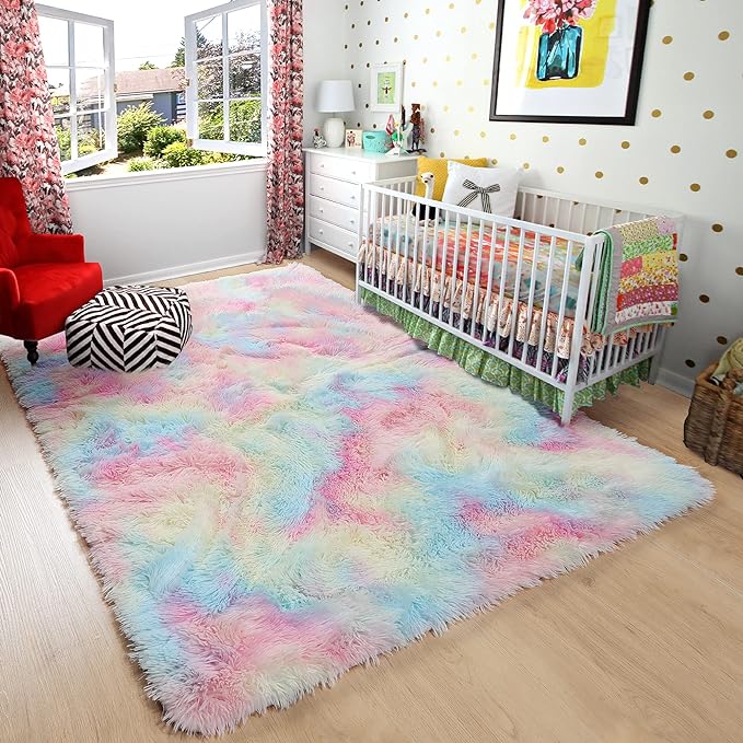 Rainbow Shag Area Rug Fluffy Tie-Dye Carpet
