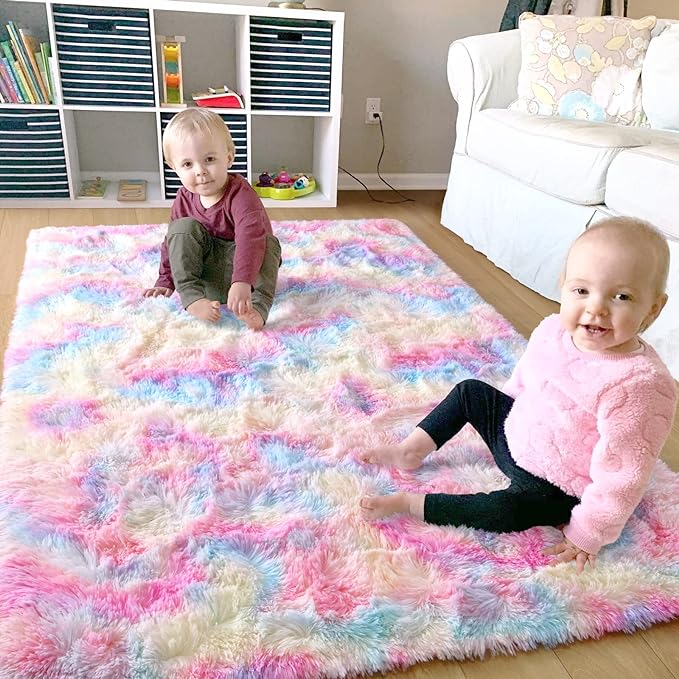 Rainbow Shag Area Rug Fluffy Tie-Dye Carpet