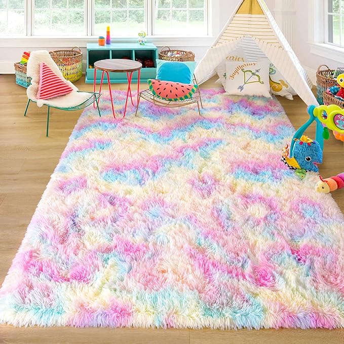 Rainbow Shag Area Rug Fluffy Tie-Dye Carpet