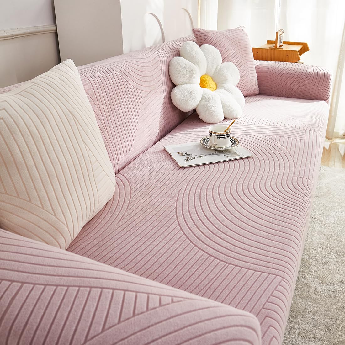 vctops 1-Piece Geometric Jacquard Couch Covers for 2 Cushion Couch Sherpa Fleece Stretch Loveseat Slipcover for Pets Dogs Non-Slip Love Seat Sofa Slipcover Furniture Protector(Pink,Loveseat)