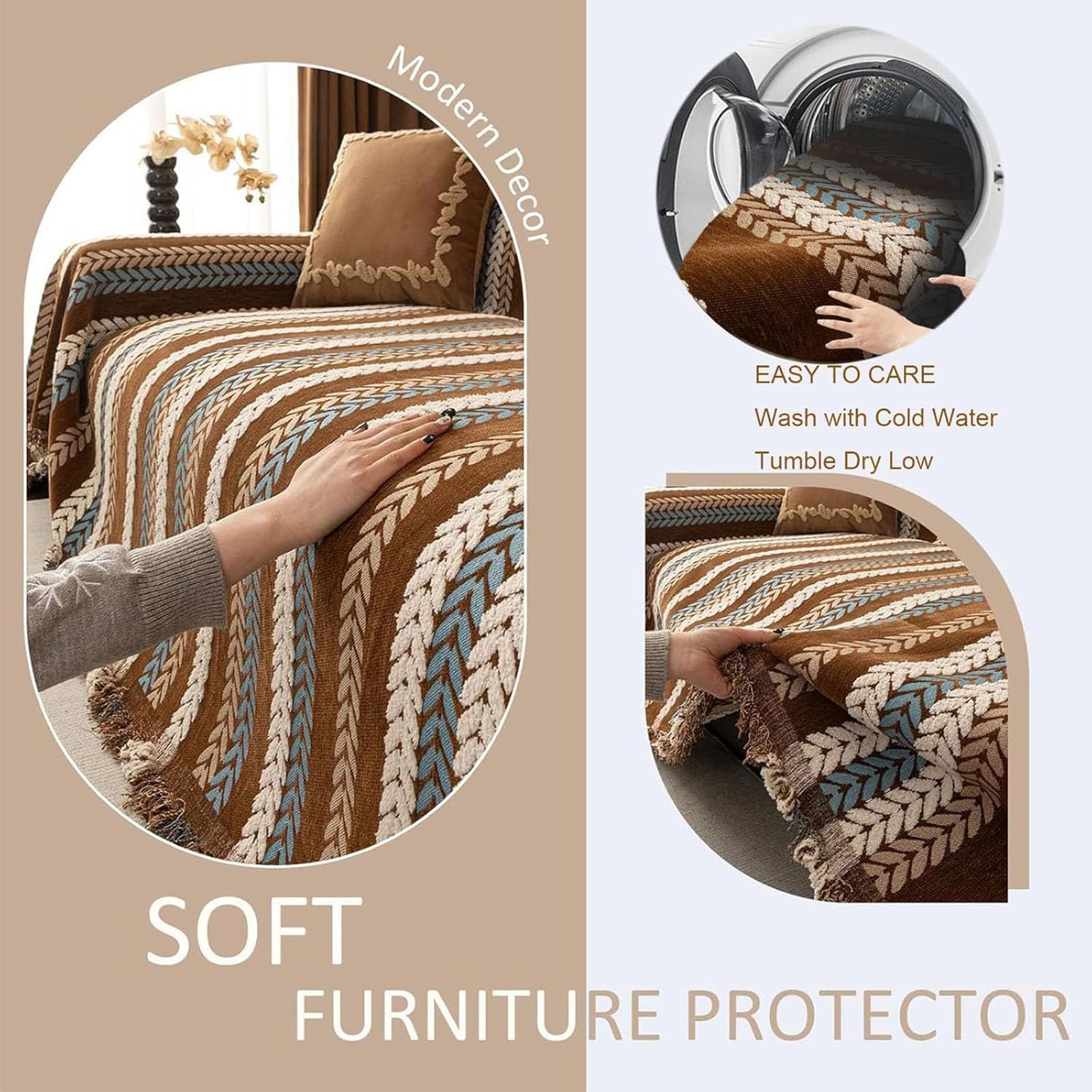 Elegance Chenille Anti-Slip Woven Tassels Sofa Couch Cover